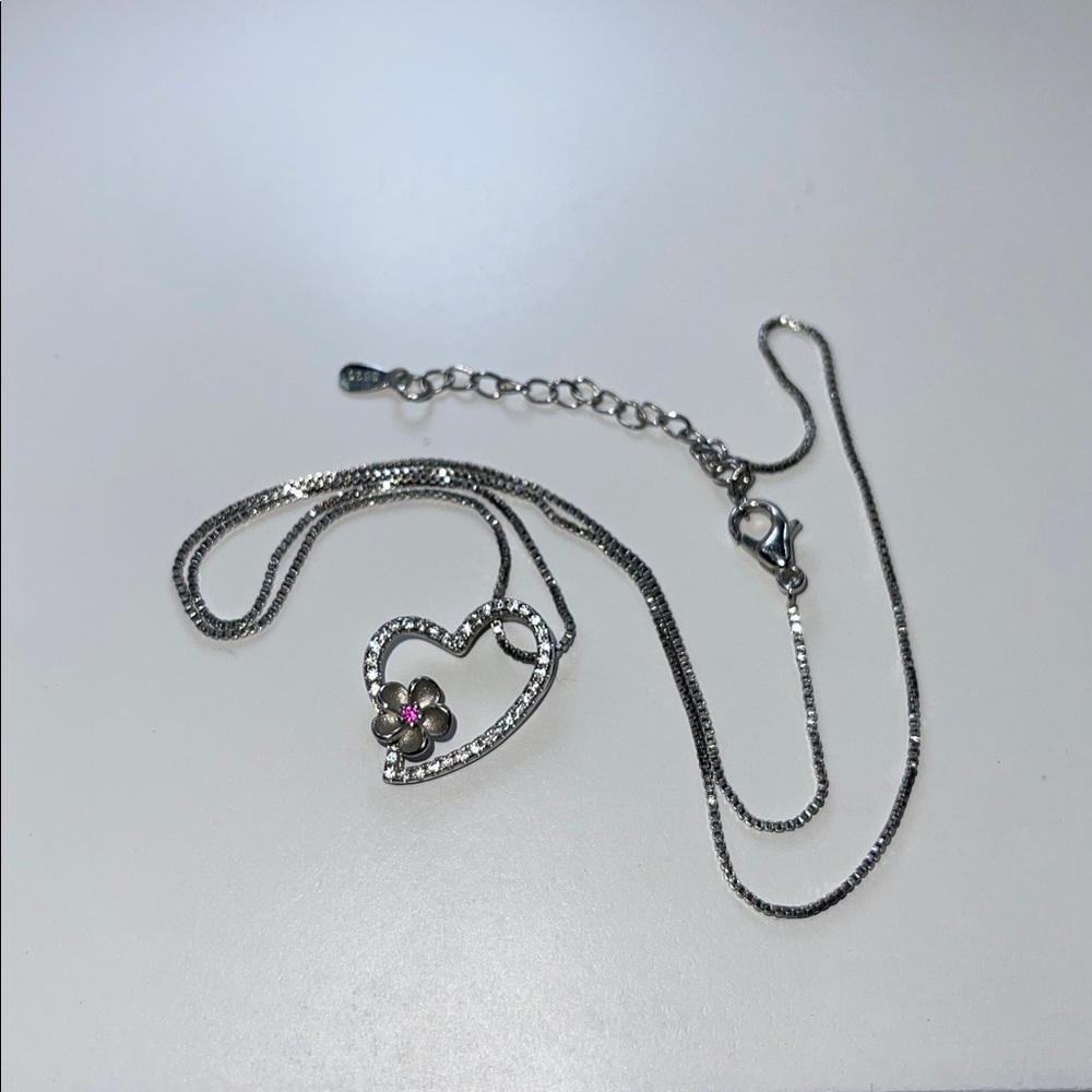 Sterling Silver Heart Pendant Necklace with Pink Gem in a Beautiful Flower.